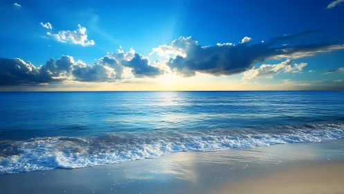 Sunlit ocean horizon glows beneath dramatic blue clouds.