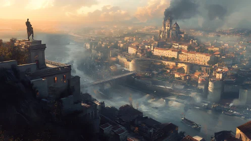 Golden hour over a misty riverside fantasy cityscape.