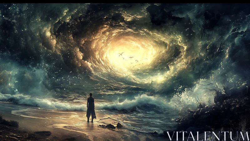 Lone wanderer confronts a celestial ocean vortex gateway.