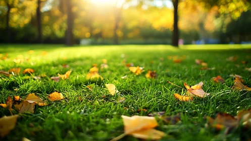 Golden autumn leaves rest gently on a sunlit green lawn