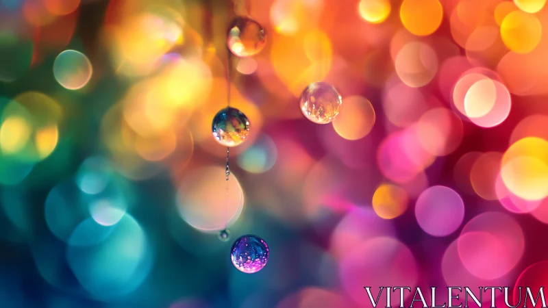 Colorful droplets drifting through dreamy rainbow light.