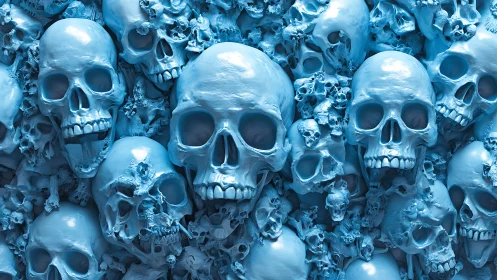 Monochrome cyan human skull cluster in glossy relief field.