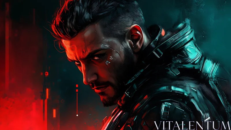 Cyberpunk portrait with red-teal split lighting and tactical armor.