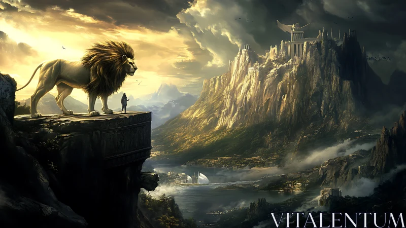 Titanic lion sentinel overlooking mythic acropolis bay at dawn