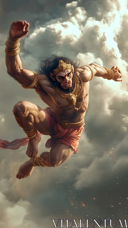 Sky-splitting monkey warrior lunges through stormlit clouds