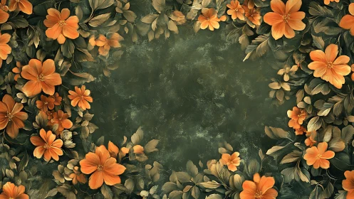 Orange Floral Composition Against Weathered Green Background.