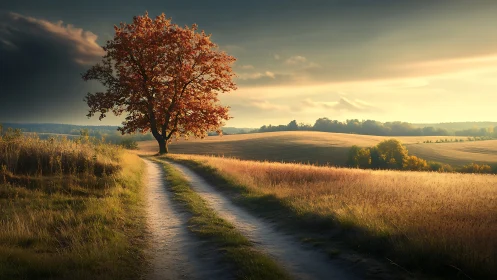 Solitary tree beside rural dirt road at sunset landscape.