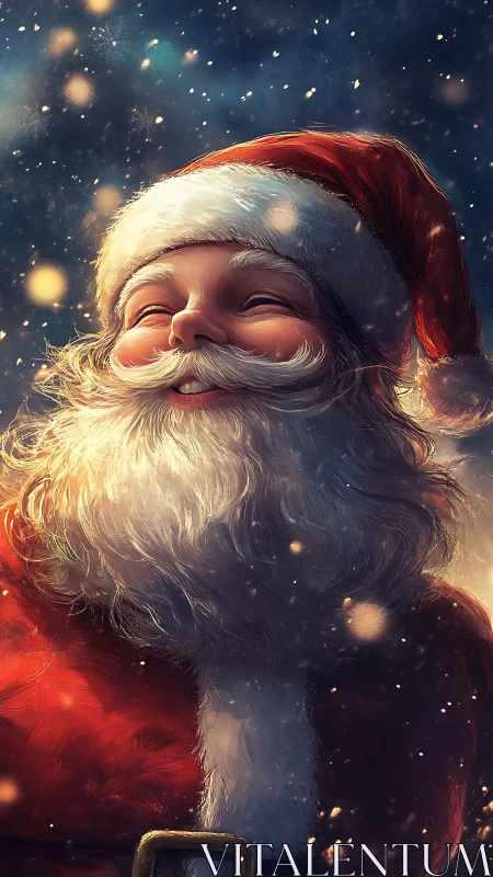 Smiling Santa Claus portrait in softly lit snowfall scene.