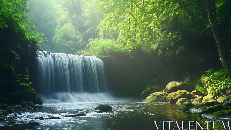 Serene Waterfall in Lush Forest with Sunbeams, Photorealistic Style.