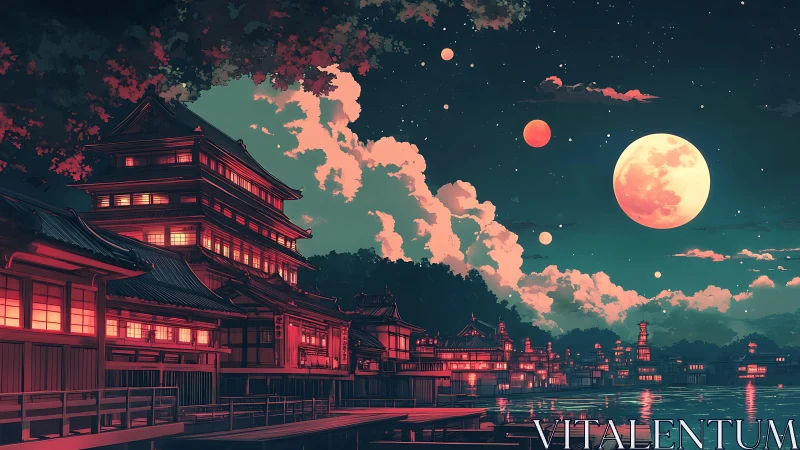 Dreamy moonlit harbor with glowing riverside temples at night.