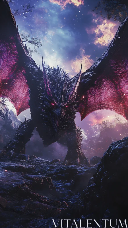 Starlit abyss dragon unfurls burning wings over shattered earth.