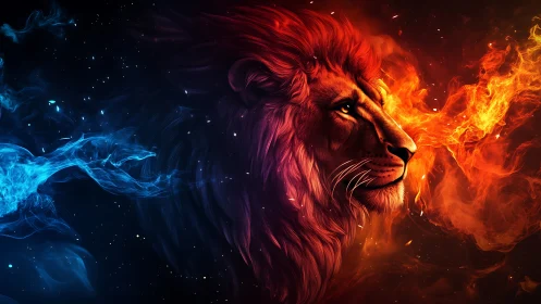 Lion profile amid dual fire and ice energy plumes in space.
