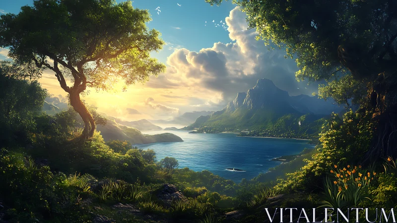 Coastal mountain bay framed by dense foliage at sunrise.