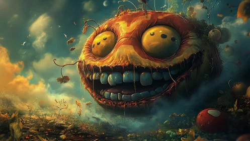 Grinning pumpkin planet drifts through a dreamy toxic dawn