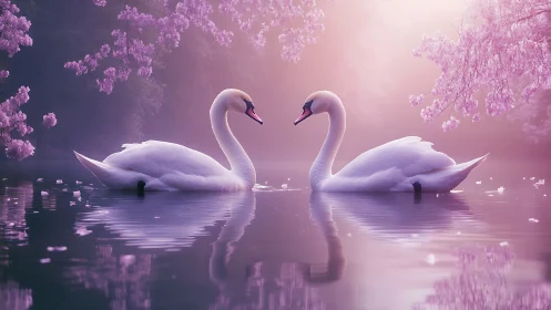 Two white swans form heart shape in pink florescent water.