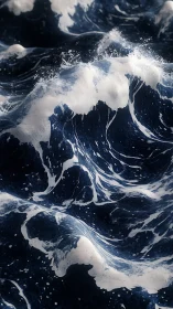 Roaring ocean waves rise and curl in shimmering deep blue