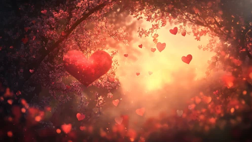 Glowing Hearts Among Blossoms and Light