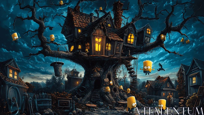 Cartoon characters around eerie treehouse in moonlit village.