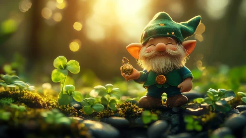 Smiling forest gnome holds gold charm under glowing sunset