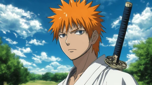 Orange-haired anime swordsman stands under vivid blue sky.