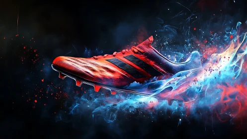 Explosive red soccer cleat bursts through blue energy clouds.