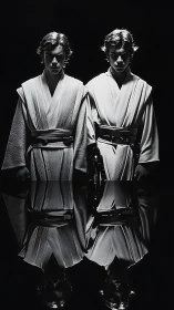 Twin robed figures with mirrored reflections in darkness.