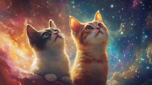 Two Cats Against Cosmic Background with Nebula