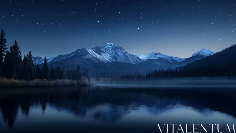 Starlit alpine lake mirrors tranquil snowcapped mountain range