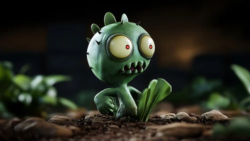 Wide-eyed mutant sprout guards the moonlit garden bed.