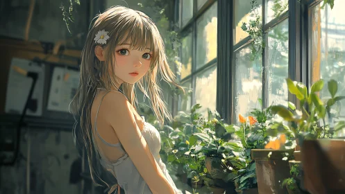 Anime girl by greenhouse window with potted plants and light.