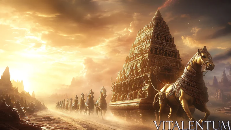 Sun-forged war chariots escort a luminous ancient temple.
