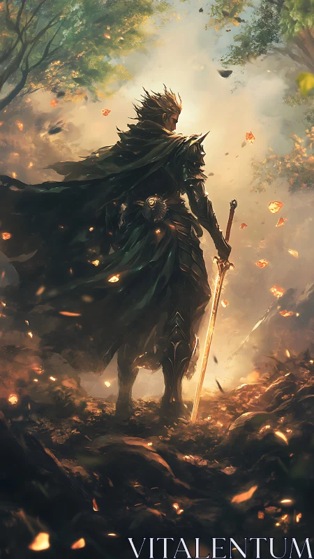 Lone forest knight pauses beneath glowing autumn leaves