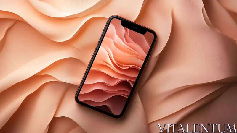 Smartphone with coral-toned liquid gradient wallpaper displayed against layered paper topography.
