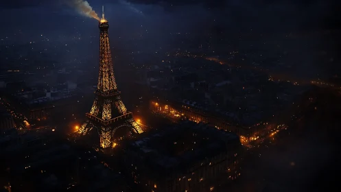 Paris night glow around the softly lit Eiffel Tower.