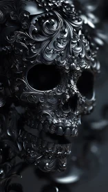 Ornate dark skull sculpture wrapped in swirling metal flourishes.