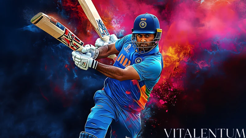 Digital painting of dynamic cricket batsman with neon splash background.