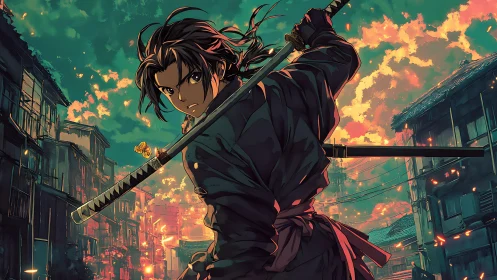Samurai readies katana under burning evening sky