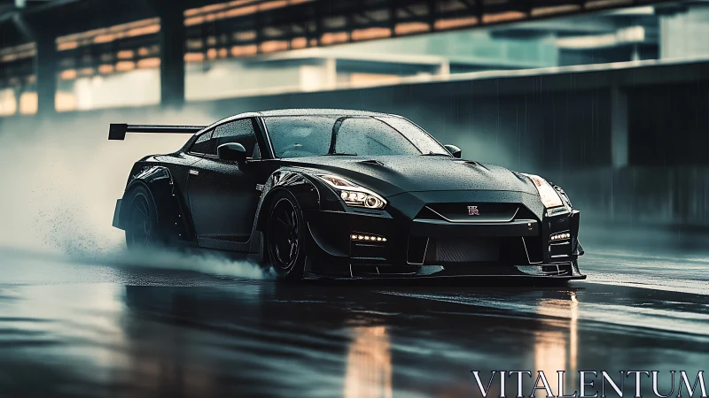 Photorealistic rain-soaked GT sports car in dynamic motion frame.