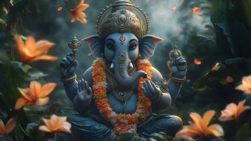 Divine Ganesha idol amid glowing lotus garden at dusk.