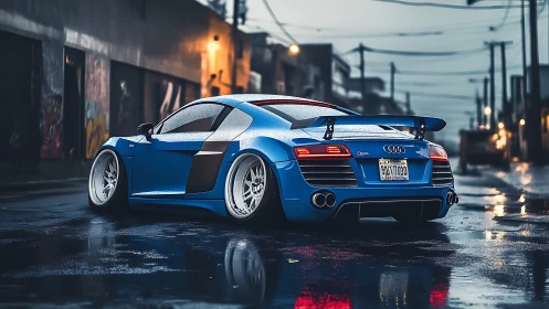 Widebody blue Audi R8 on wet city backstreet at dusk