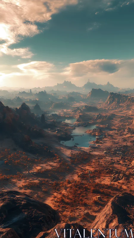 Alien desert valley under cyan sky and scattered lakes.