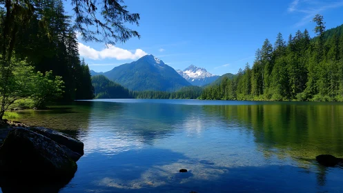 Serene alpine lake mirroring evergreen forests and peaks.