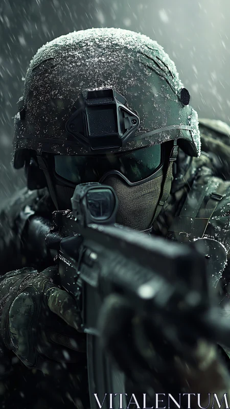 Armed soldier aiming rifle in heavy falling snowstorm.