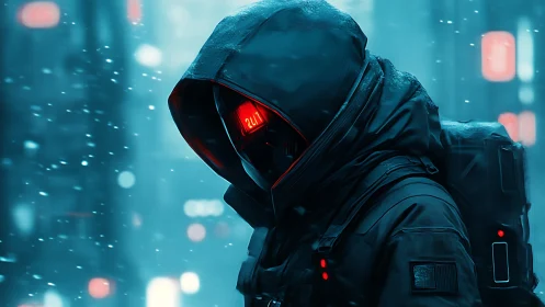 Hooded cybernetic scout in neon snowstorm vigil.