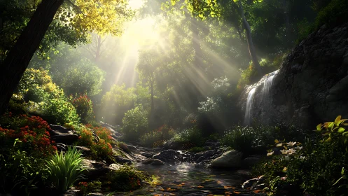Sunlit forest stream with waterfall and dense vegetation.