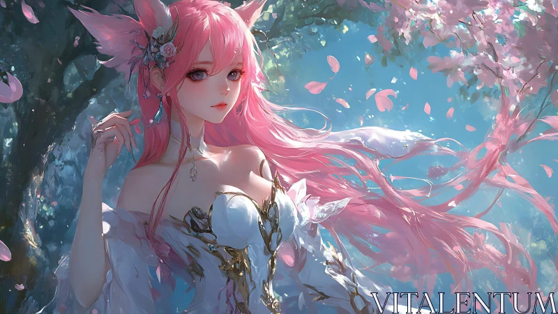 Fox-eared enchantress beneath luminous cherry blossoms.