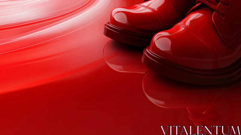 Shiny Red Dress Shoes on Glossy Red Surface, Modern Minimalist Style.