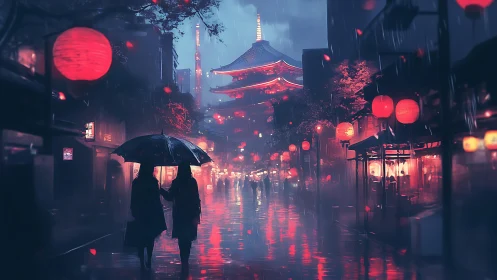 Rainlit temple street in neon-drenched twilight reverie.