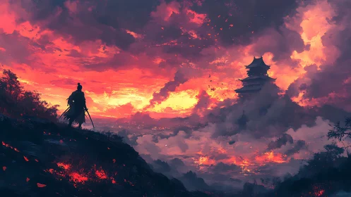 Samurai silhouette before distant fortress at burning dusk sky.