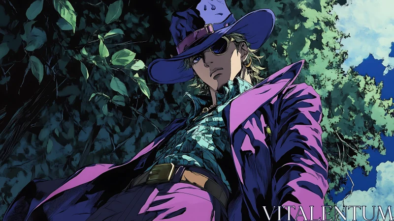 Violet gunslinger tilts the world from a swaggering low angle